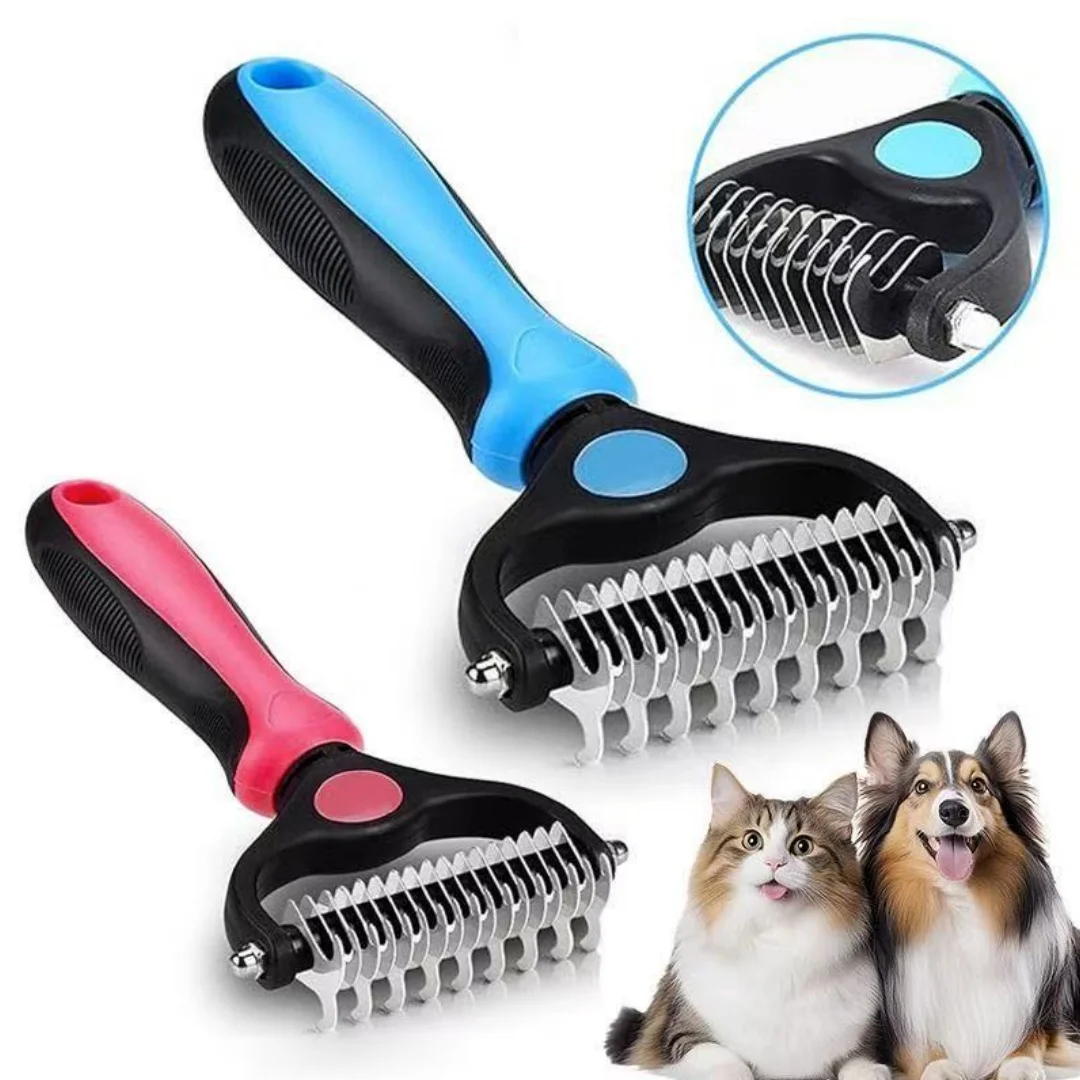 Pet hair removal comb, 2-in-1 double-sided pet grooming tool, used to remove loose hair, tangles, and inner layer hair, blue