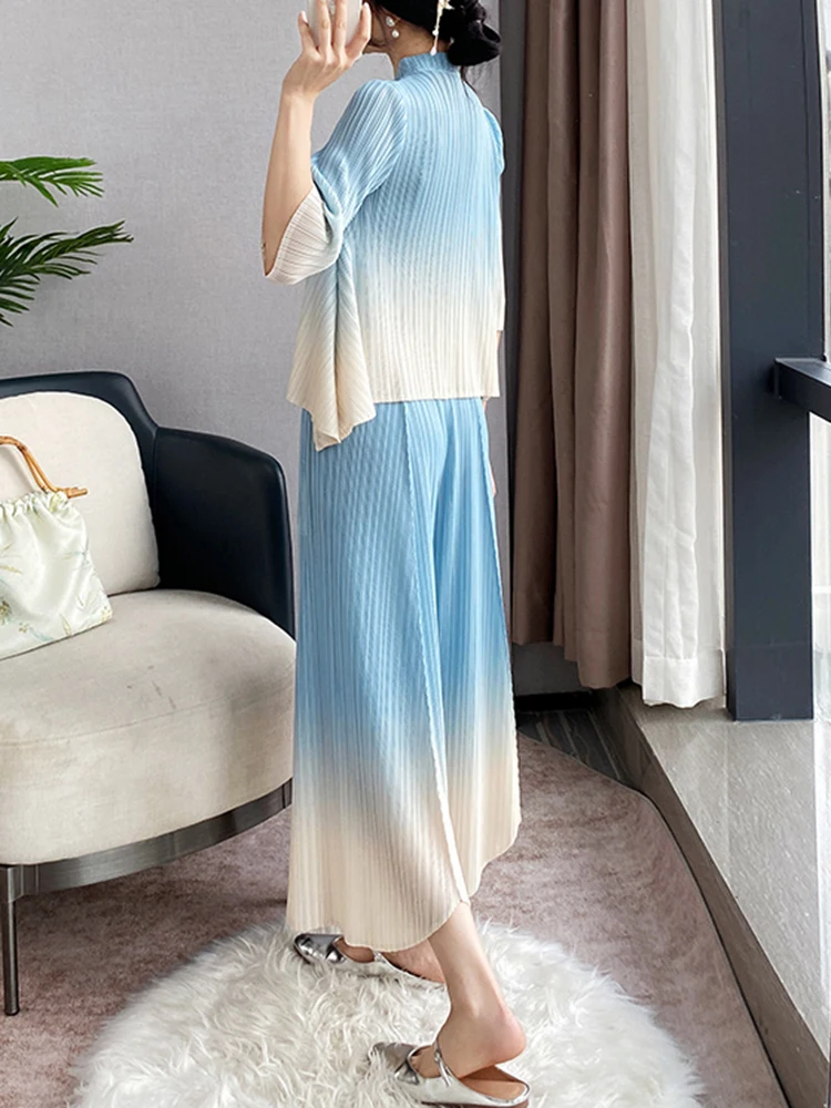 GVUW Pleated 2 Pieces Set Women Gradient Color Loose Stand Collar Top + Wide Leg Trousers New Summer 2024 Clothing Lady 17G5966