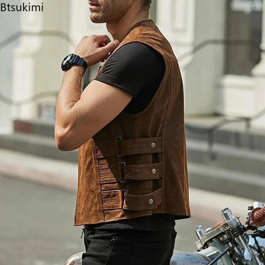 New Arrivals Fashion Men's PU Leather Motorcycle Vest Korean Style Trend Sleeveless O-neck Zip Vest Jacket Handsome Men Clothing