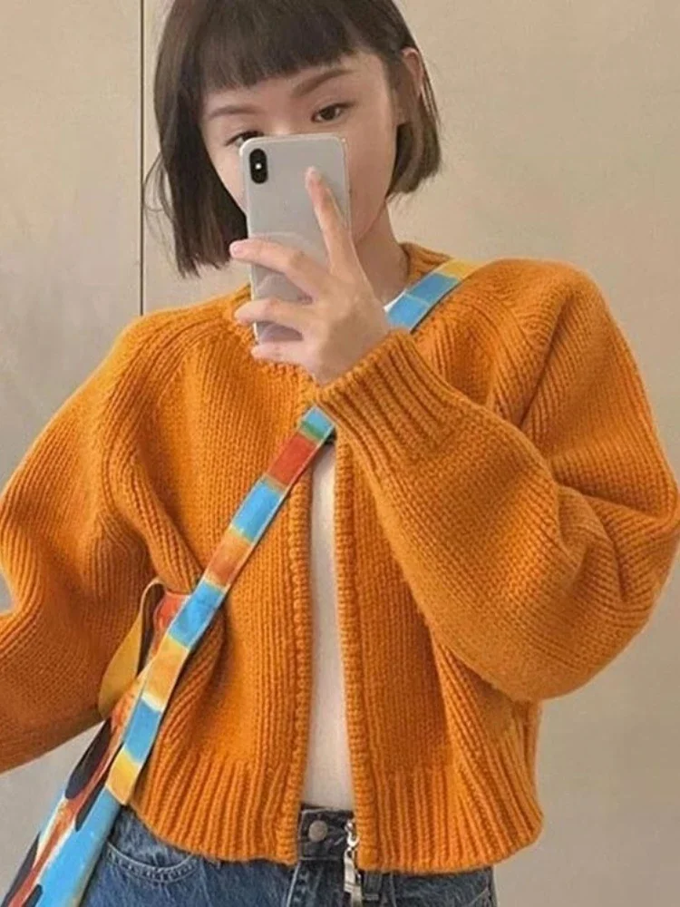 

Women's Solid Color Knitted Cardigan Tops Sweet Vintage Pull Femme 2024 Ropa Mujer Korean Loose Casual Sweater Jackets