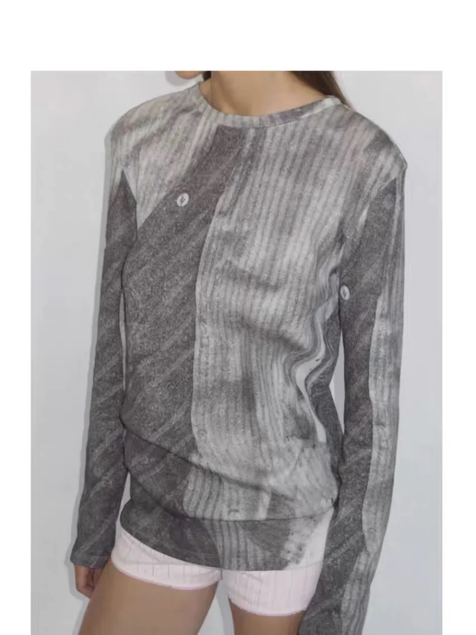 

Paloma Wool с винтажным принтом, тонкий универсальный модный облегающий вязаный длинный женский топ Sve T irt, осенний хлопковый влажный топ...