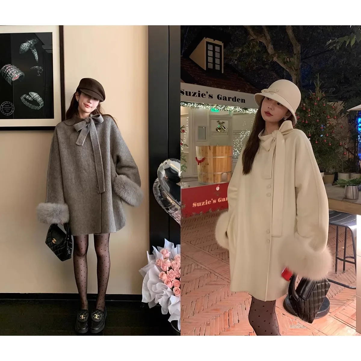 เสื้อโค้ทขนสัตว์เกาหลีสำหรับผู้หญิง ผูกโบว์ ผ้าขนสัตว์สองด้าน แจ็คเก็ตกำมะหยี่หรูหรา ขนสุนัขจิ้งจอกแท้ ใหม่