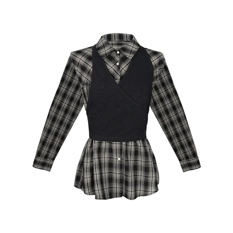 خمر الطبقات منقوشة قميص المرأة الخريف جديد اللون محبوك سترة تنوعا طويلة الأكمام البلوز الأعلى