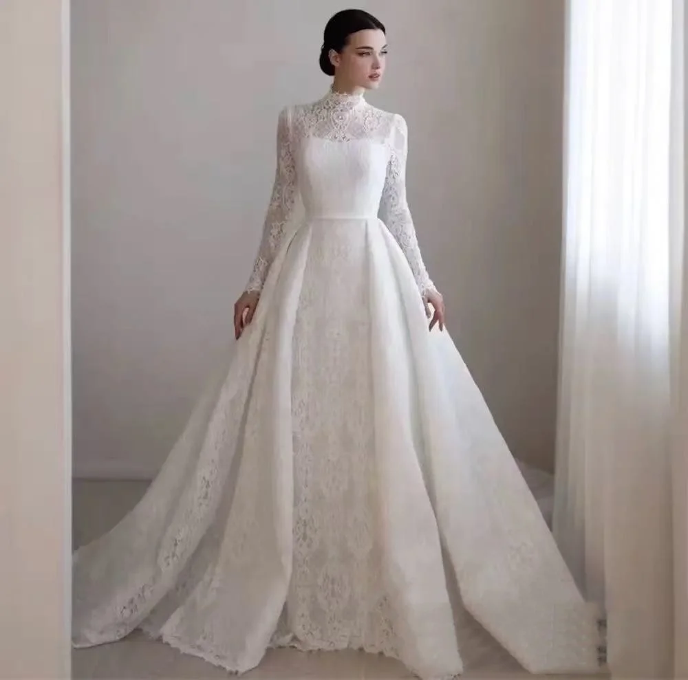 

Customized Saud Wedding Dresses High Neck Full Sleeves Court Train Arabian Lace Bridal Gown A Line vestido de novia boda