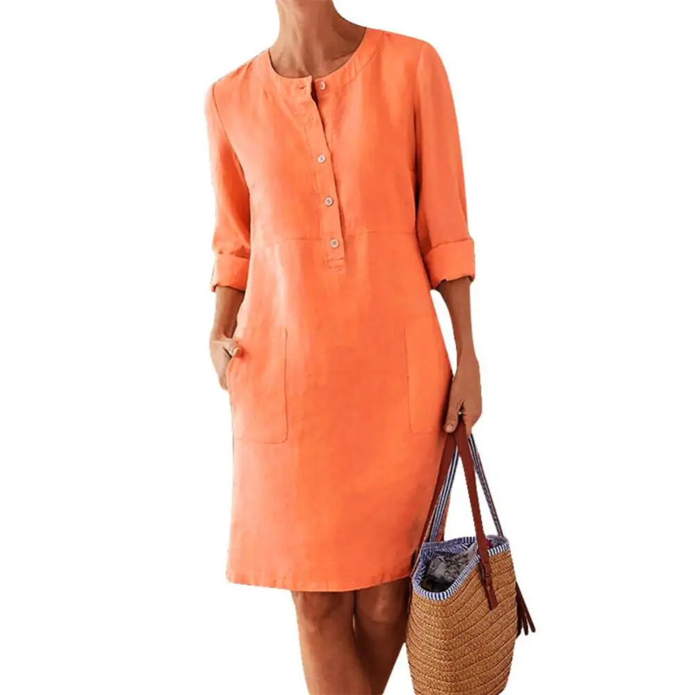 Letnia sukienka w stylu boho vintage damska sukienka codzienna długi rękaw guziki kieszenie bawełna len luźna sukienka do kolan