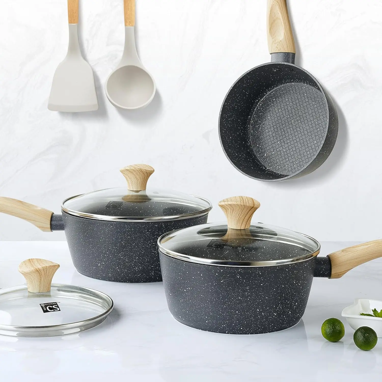 

KOCH SYSTEME CS Sauce Pan Set with Lid, 1.3+2.3+2.8QT Saucepan Sets with Nonstick Coatings, Non-toxic Marble Sauce Pans