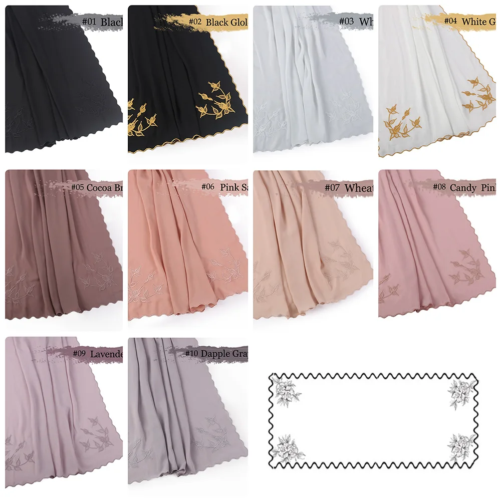 Muslim Fashion Hijab  Flower Shawl Sulam Kain Women Embroidered Chiffon  Scarf High Quality 180*70cm  Islamic Clothing Ready