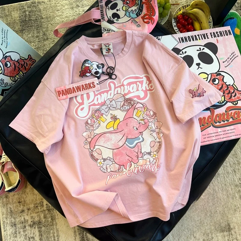 

Модная футболка из чистого хлопка с мультяшным принтом, летняя повседневная одежда, удобный круглый вырез, топ для молодежи