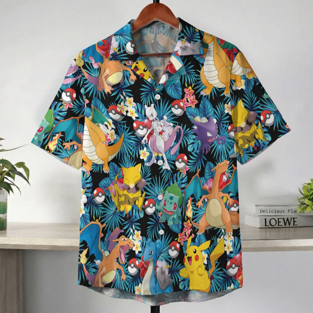 2026 Kanto Pokémon Tropical Pattern Anime Hawaiian Shirt Summer Leisure Men's T-Shirt Children's Clothing Tee Y2k Woman