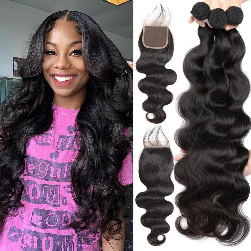 Human Hair Bundles with Closure Body Wave Brazilian Virgin Human Hair Weave 3 Bundles with 4x4 Lace Closure Natural Black Color