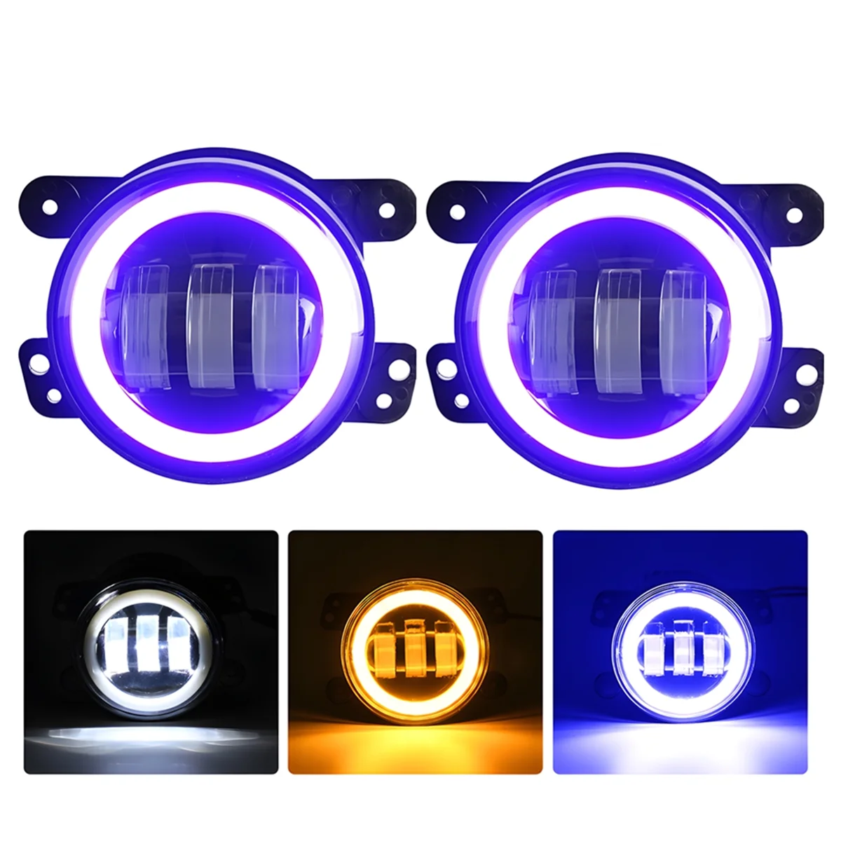 4 Inch LED Fog Lights Halo Ring Work Light for Jeep Wrangler JK, with Blue DRL Yellow Turn Signal (Blue+Yellow+White)