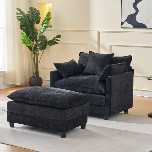 Black Chenille Two Seat Sofa Set Plush Pillows Ottoman Adjustable Durable Wood Legs Modern Cozy Seating for Living Room Bedroom