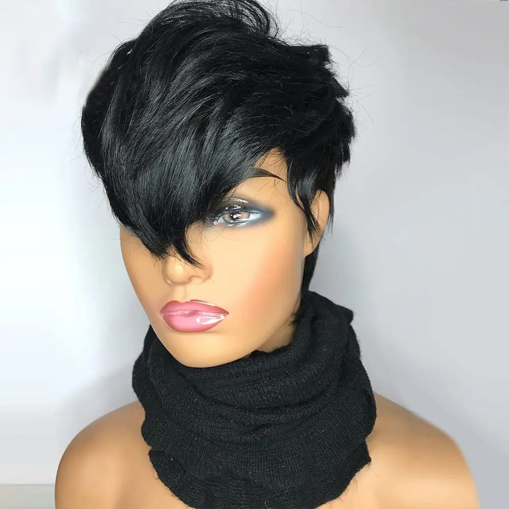 6 Inch Short Pixie Cut  Human Hair Wig For Black Women\'s Machine Made Bob Natural Black Hair Wig with Bangs