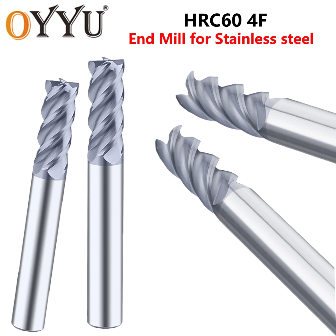 

OYYU HRC60 4 Flutes 4F Carbide End Mills CNC Solid 1mm 2mm 3mm 4mm 5mm-20mm 50L-100L Milling Cutter Tools for Stainless Steel