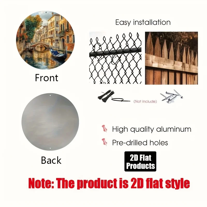 2D Flat, 2D flat printing, 1pc, round aluminum metal decorative plaque sign, Venice water city theme, suitable for bar kitchen c
