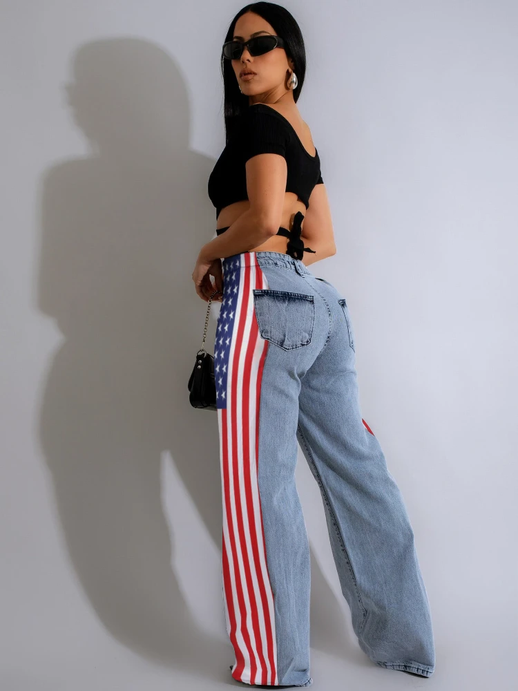 Leosoxs Amerikaanse vlag print dames baggy jeans streetwear y2k lange rechte broek hoog getailleerde elastische wijde pijpen denim broek