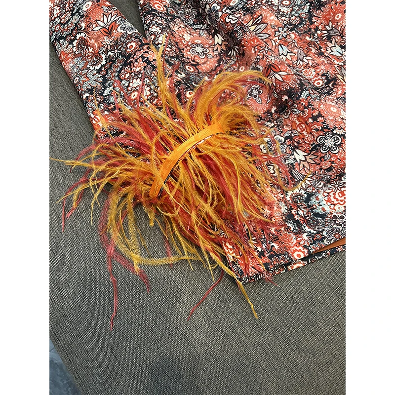 Fashion European & American High-end Women V-neck Floral Slim Dress with Decorative Feathers Desined Printed Casual Dresses