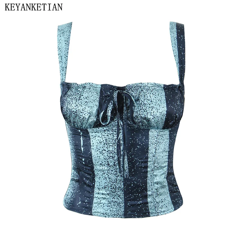 KEYANKETIAN 2024 New Launch Women's Splash Ink Printed Striped Corset Retro style Lace Up Slash neck Back Zipper Camisole Vest