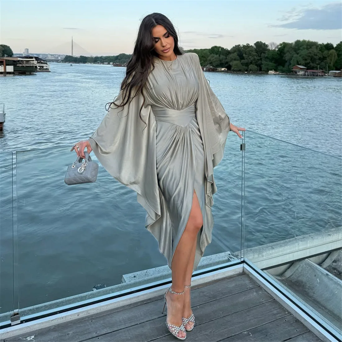 Unregelmäßiges, plissiertes Kleid mit Schlitz, Abend-Club-Kleider, 2025, Damen-Herbst, sexy, figurbetontes Maxikleid, Party, elegantes Abendkleid