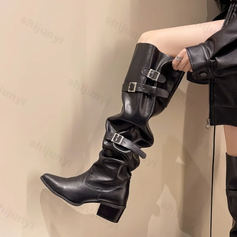 Knee-high Pointed-toe Women's Knight Boots Retro Thick Heel Slimming Large Tube Autumn Winter New Style Polyurethane Material