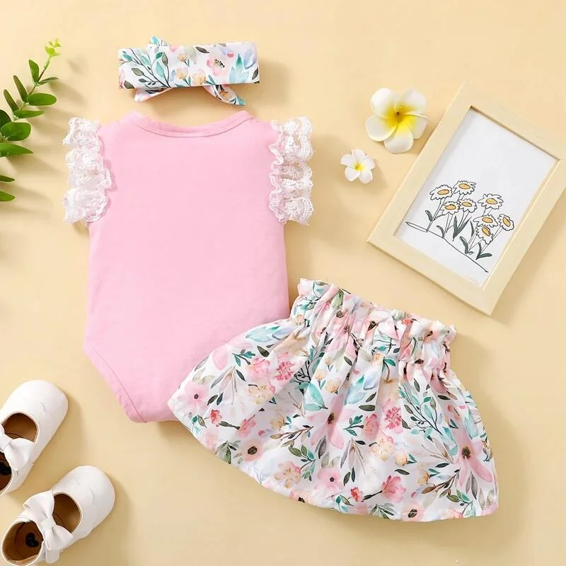 Baby Girl Set Round Neck Lace Sleeveless Bodysuit+Bow Half Floral Pattern Skirt Suitable Cute Baby Girl 0-18 Months Summer Set