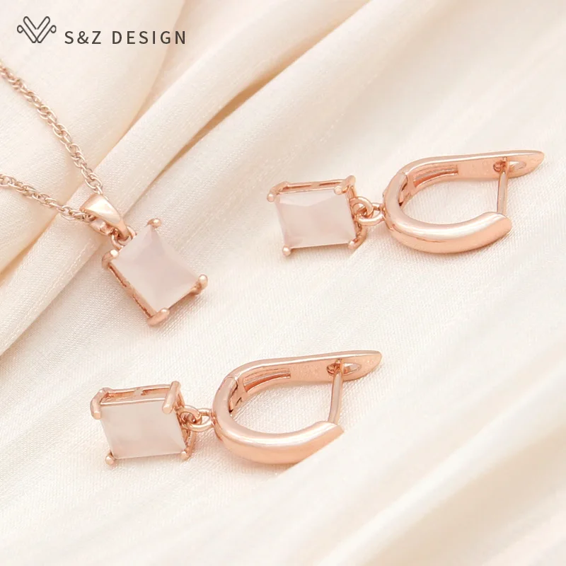 S&Z DESIGN New Fashion Rectangle Cubic Zirconia Drop Earrings Jewelry Sets For Women Elegant Wedding Pendant Necklace Gift