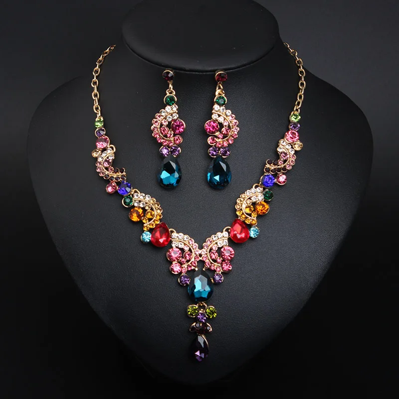 African Statement Crystal Necklace Earrings for Women Bridal Wedding Jewelry Sets Rhinestone Choker Nigeria Evening Party Gifts