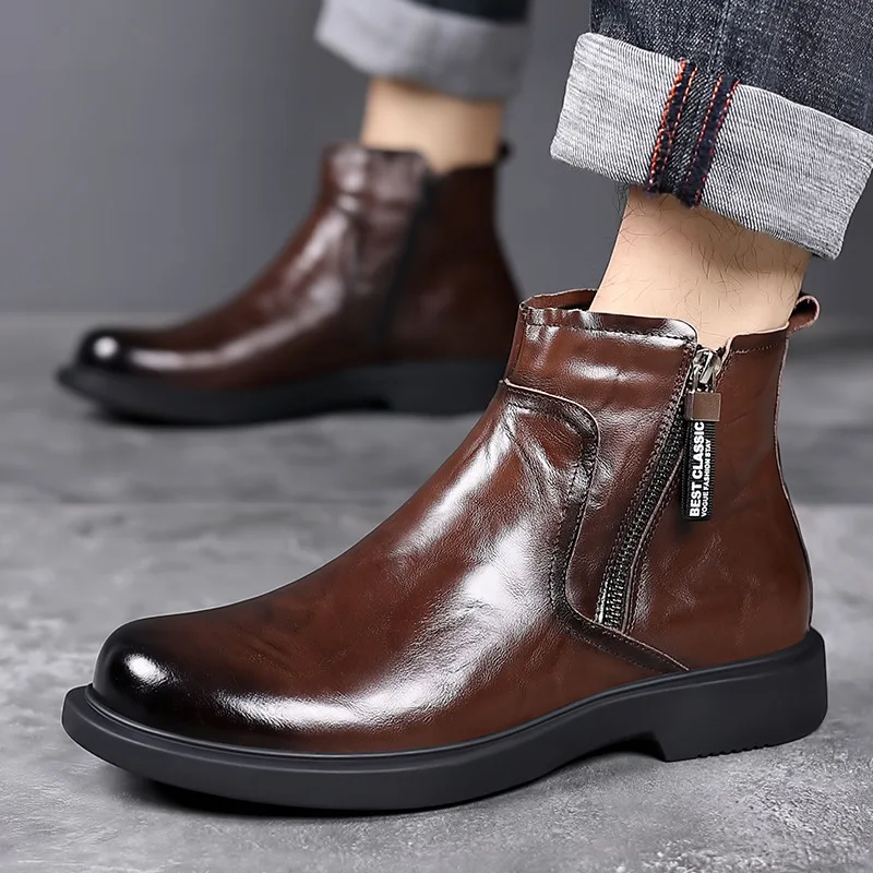 men fashion wedding party dress chelsea boots black brown original leather shoes cowboy autumn winter boot platform ankle botas