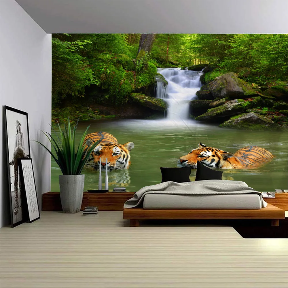 

Forest Waterfall Tiger Decoration Tapestry Animal Wall Hanging Fabric Aesthetics Home Dormitory Decoration Background Poster
