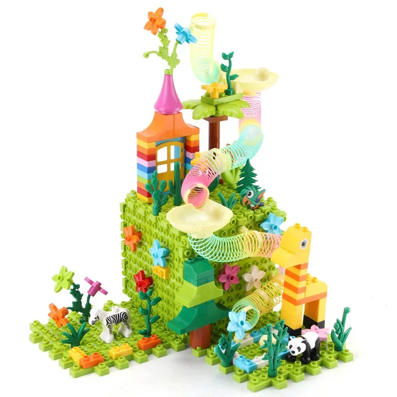 บล็อกตัวต่อรางเลื่อนอนุภาคขนาดใหญ่แบบปรับได้ บล็อกตัวต่อพลาสติกสำหรับเด็ก ของเล่นรางลูกบอล ประโยชน์สำหรับเด็กชายและเด็กหญิง