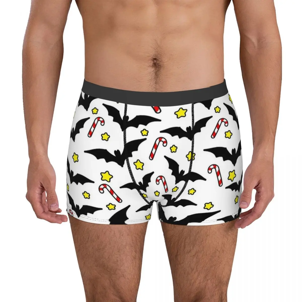 Novidade Cute Cartoon Bats Boxer, Natal Candy Shorts, Cuecas para Homens, Cuecas Longas, Cuecas Macias para Homens, S-XXL