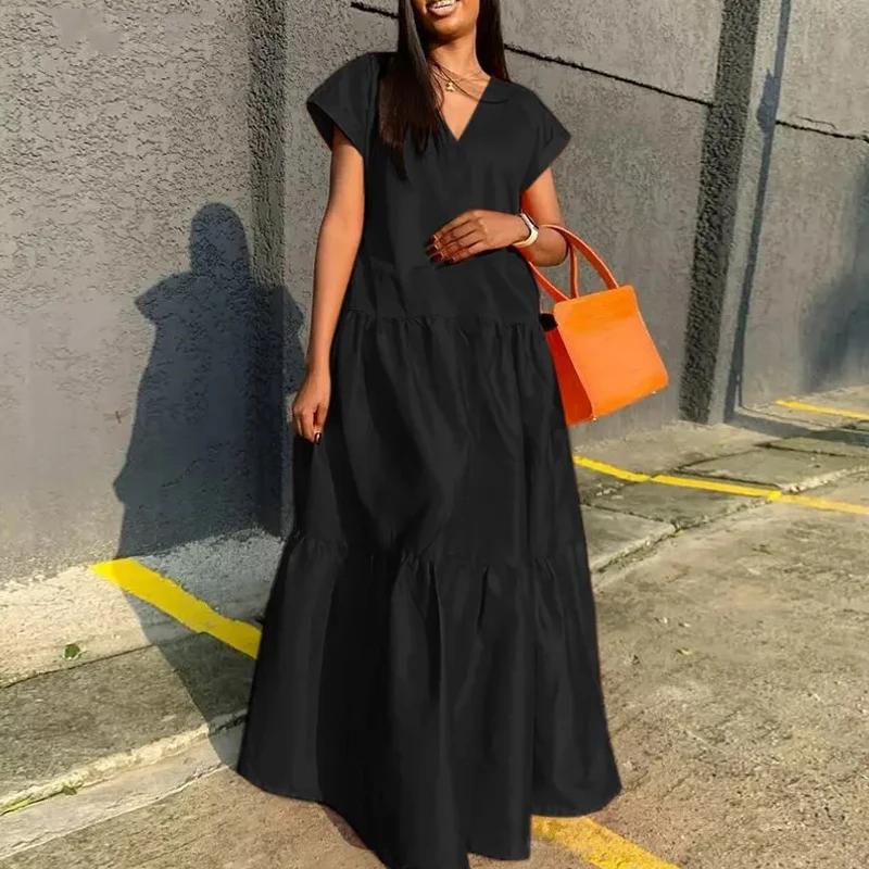 Lady Folds A-Line Dresses Vestido Fashion Loose Short Sleeve Solid Color Long Dress Women Summer Casual Simple V-Neck Maxi Dress