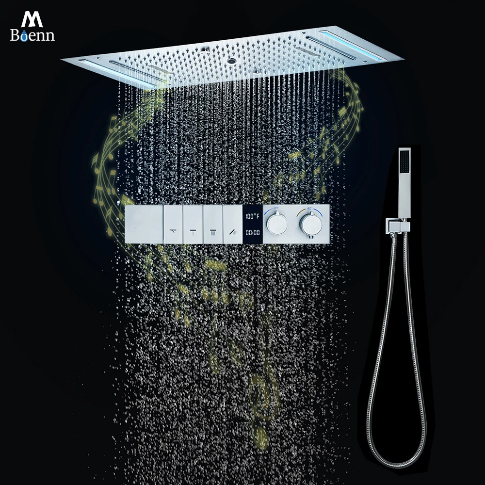 

M Boenn Роскошный душевой набор Смесители для ванной комнаты Умный дисплей температуры Кнопочный термостатический смеситель Потолочная черная насадка для душа