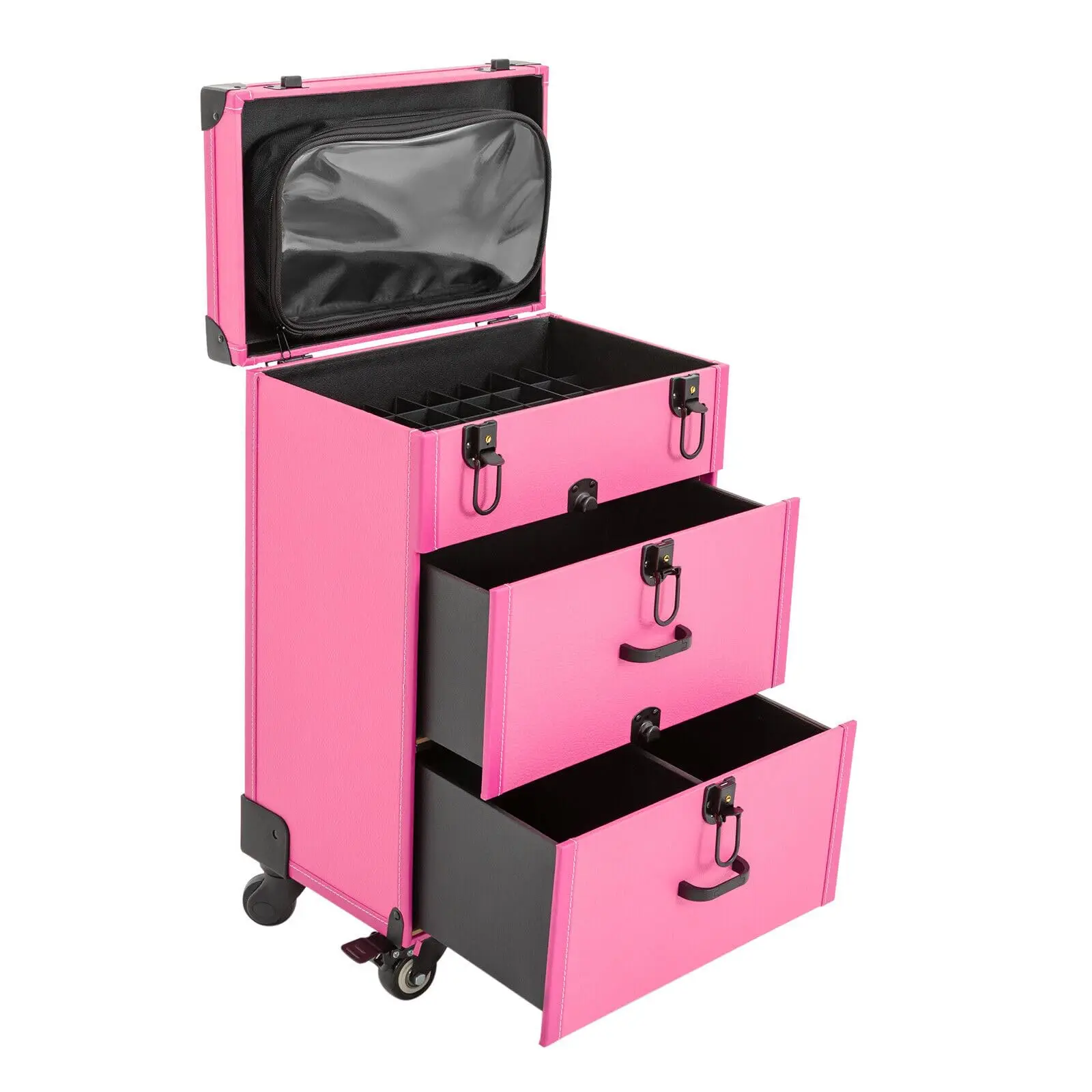 حقيبة مكياج دوارة، حقيبة مستحضرات تجميل على عجلات، عربة تخزين أظافر مكونة من 3 طبقات مع جيب تخزين شفاف، عربة تنظيم طلاء السفر