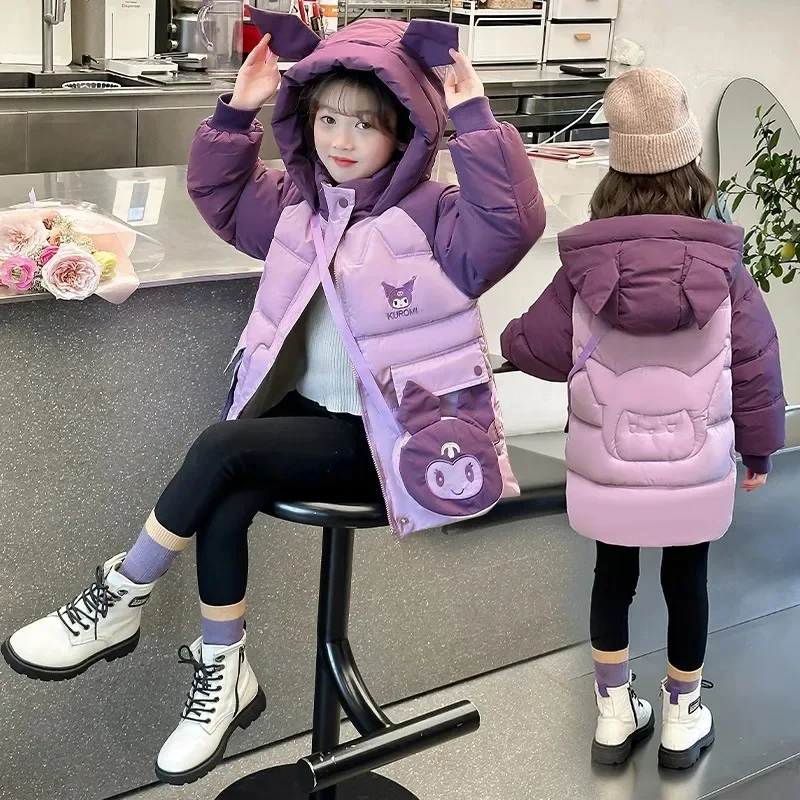 Sanrio Kuromi down Jacket for Girls 2024 Winter Teenagers Cotton Padded Warm Coat with Bag Kids Hooded Windproof Thicken Outwear