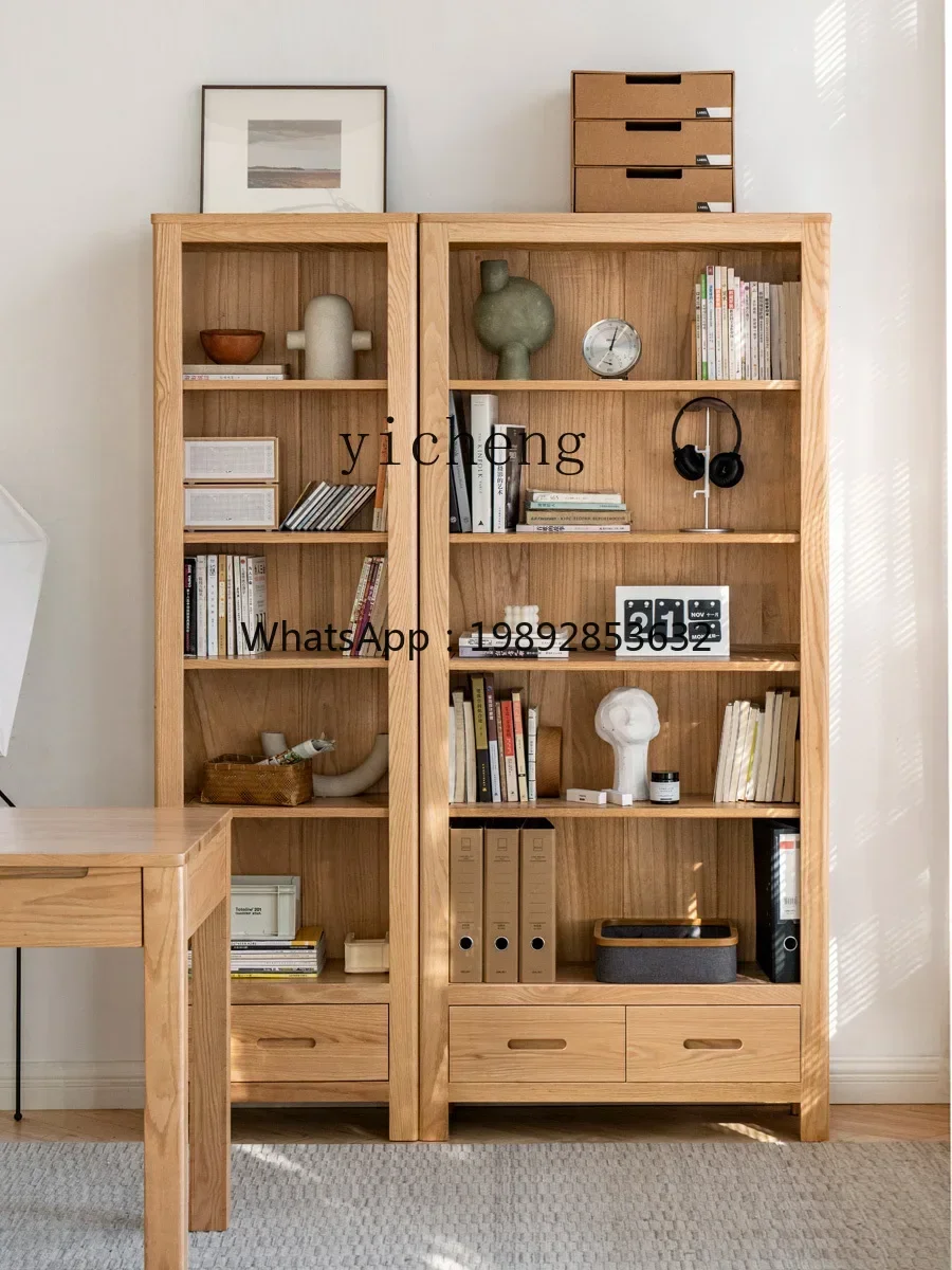 

Solid Wood Bookshelf Simple Oak Drawer Bookcase Household Study Shelf Open Grid Display Cabinet