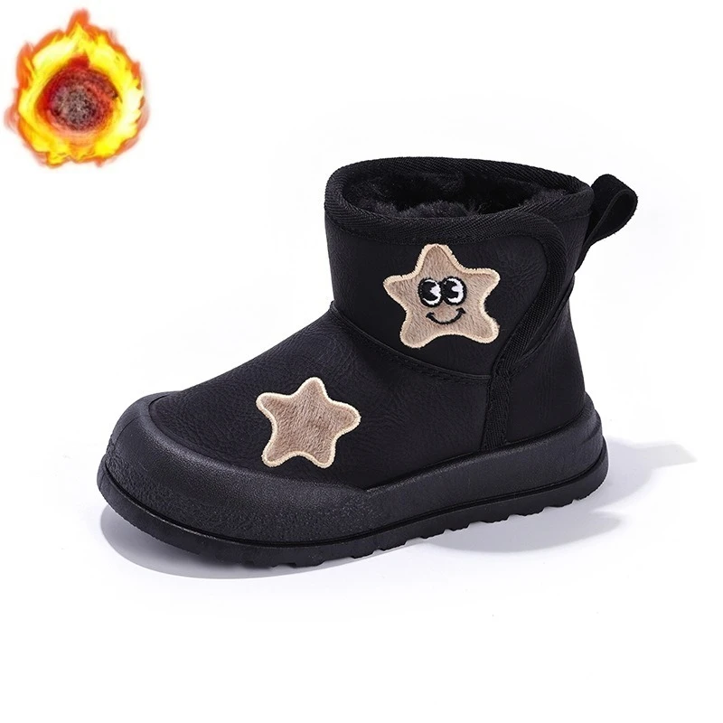 الأطفال أحذية بوت قصيرة أصابع توج لينة وحيد الاطفال الأحذية الجلدية هوك وحلقة 2025 شتاء جديد الفتيات حذاء من الجلد سميكة الفراء لطيف نجوم #5