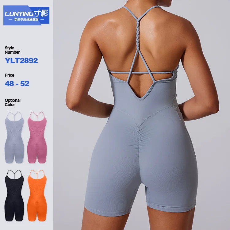 

Autumn and Winter New Jumpsuit Twist Rope Knotted Beautiful Back Shorts V-waist Pleated Yoga Jumpsuit for Women Active Wear