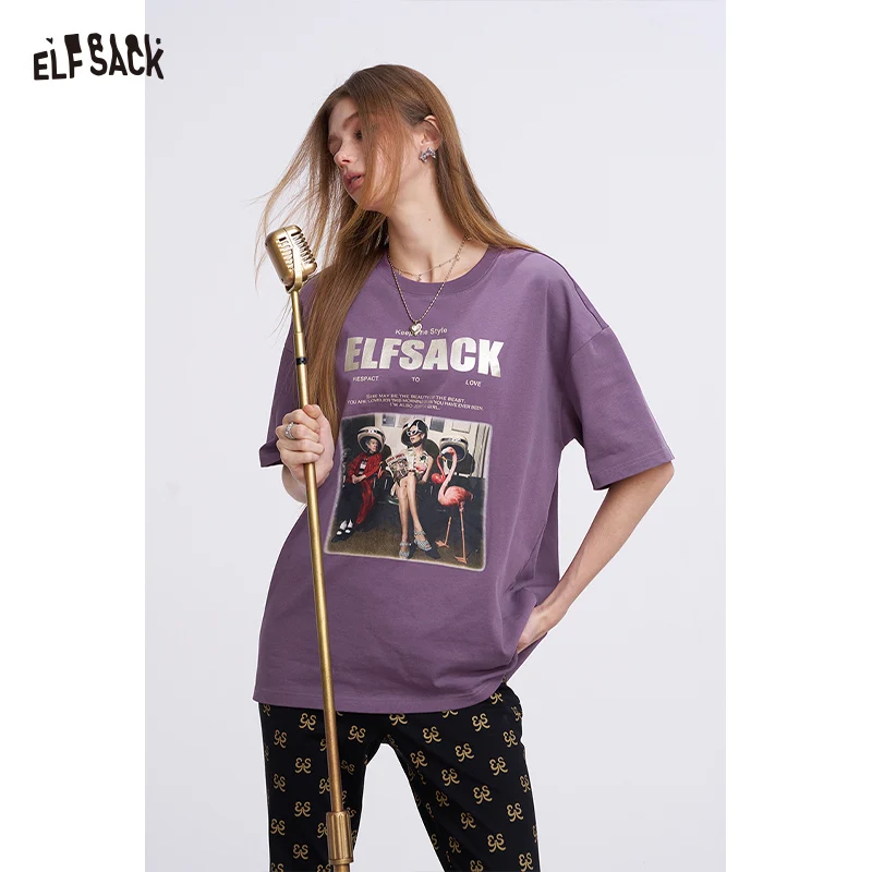 

ELFSACK Women's Oversized T-Shirt with Metallic Logo, Vintage Photo Graphic Short Sleeve Tee for Summer, Chic Streetwear Cotton