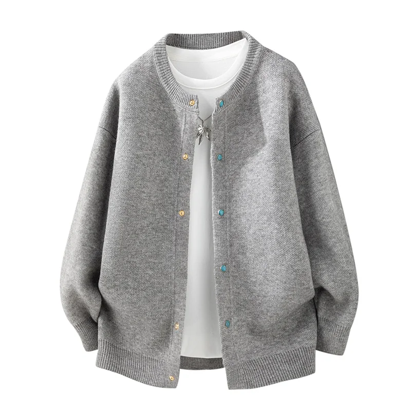 

Мужской повседневный вязаный кардиган с круглым вырезом, на пуговицах, свободного кроя, осенне-весенний, премиум-класса, мягкий, из полиэстера и нейлона