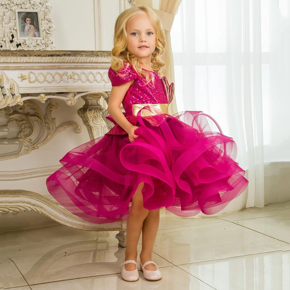 Fashion Fuchsia Pageant Gown Knee Length Flower Girl Dress O-neck Short Sleeves Ruffles Birthday Party Dress 2023