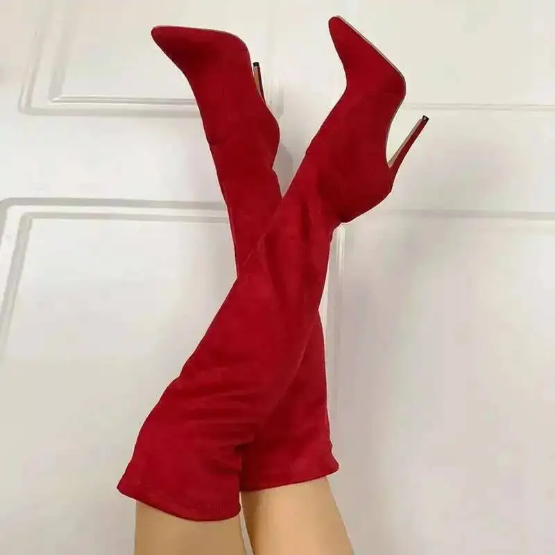 2025 Sexy High Heel Suede Pointy Boots Black Over The Knee Boots