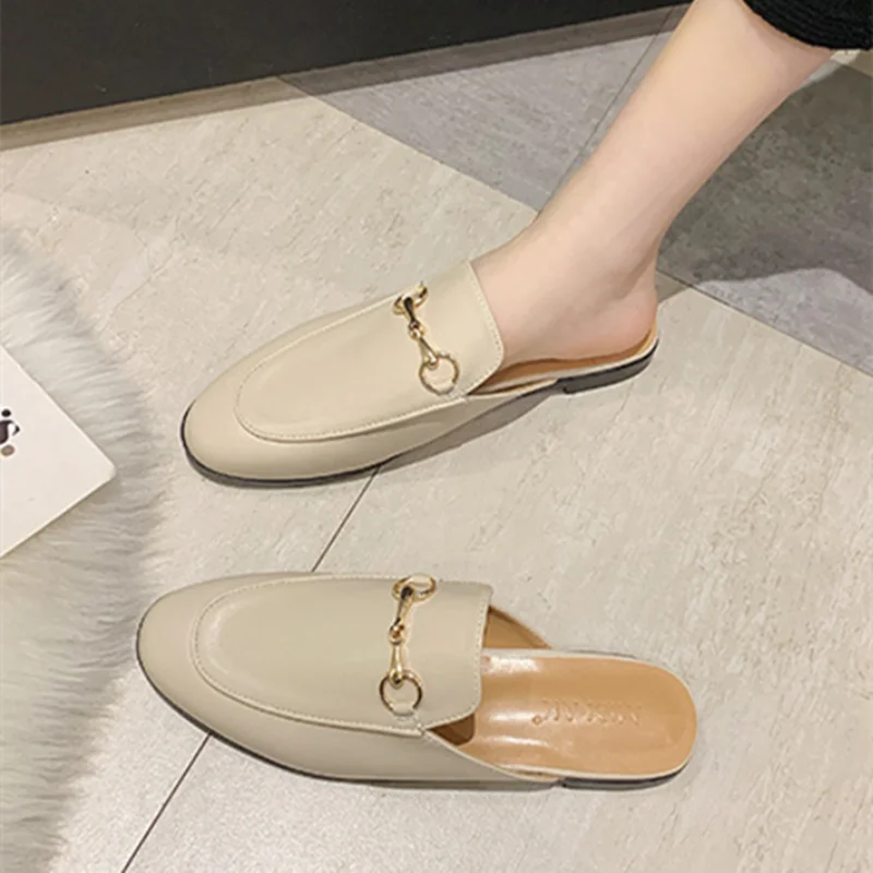 Lady Top Shop Shoes Round Toe Replicas Famous Slides Metallic Khaki Black Flat Slippers Wide Fitting 34-43 26cm Designer Leathe