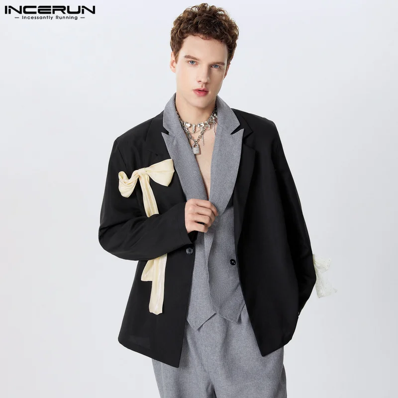 INCERUN Tops 2024 American Style New Men's Bow Contrast Color Suit Coats Casual Streetwear Male Solid Long Sleeved Blazer S-5XL