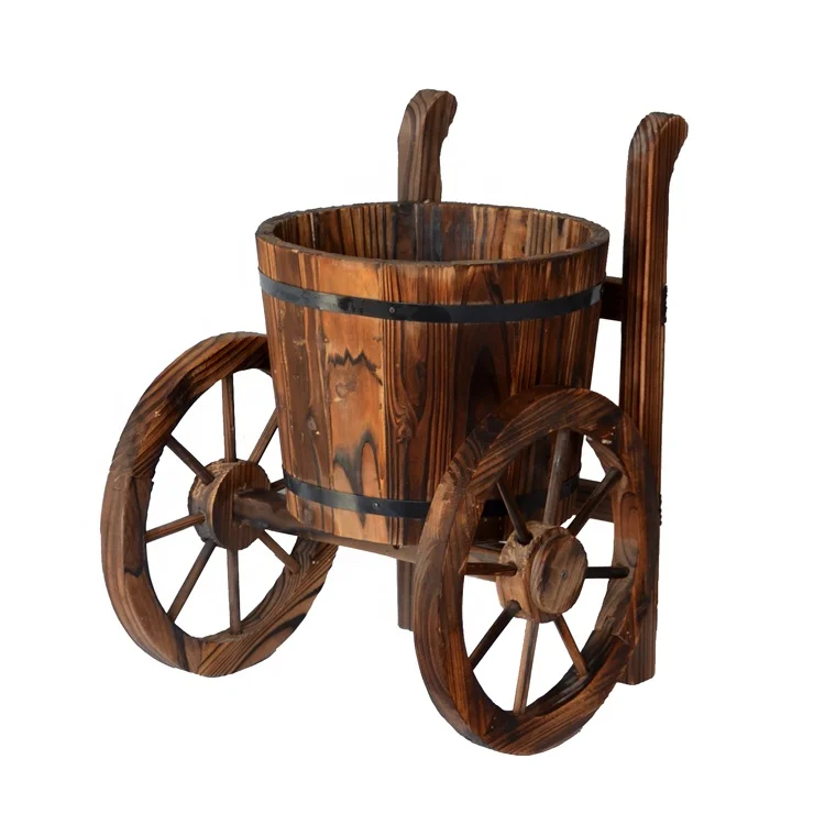 Wagon Planter Old Style for Garden Decor Large Barrel Wooden Wood Fir American Style Wooden Planter with Plastic Bag Support