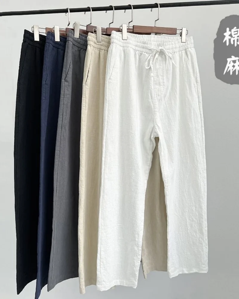 Men's Cotton Linen Solid Color Casual Pants with Elastic Waist Street Wear Jogging Loose Sports Pants