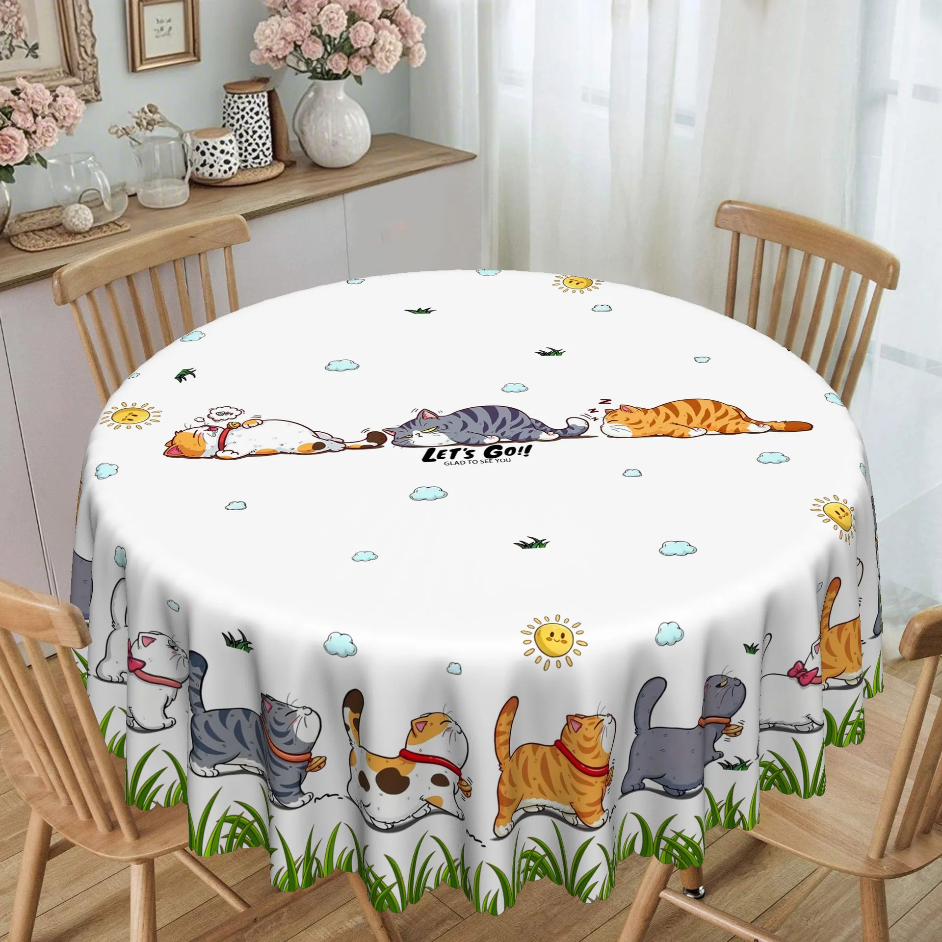 

Cute Cat Round Tablecloth Cute Cartoon Cat Pattern Printed Desk Tablecloth, Edge Embossing Process, Courtyard Bedroom Decoration