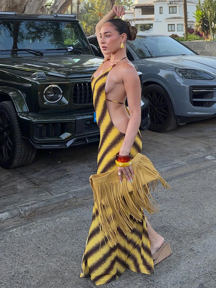 Weird Puss Sexy rückenfreies Kleid mit Kreuzmuster, Damenmode, gestreift, mit Perlenbesatz, ärmellos, heiß, für Strand, Urlaub, Party, figurbetont – Detail 13
