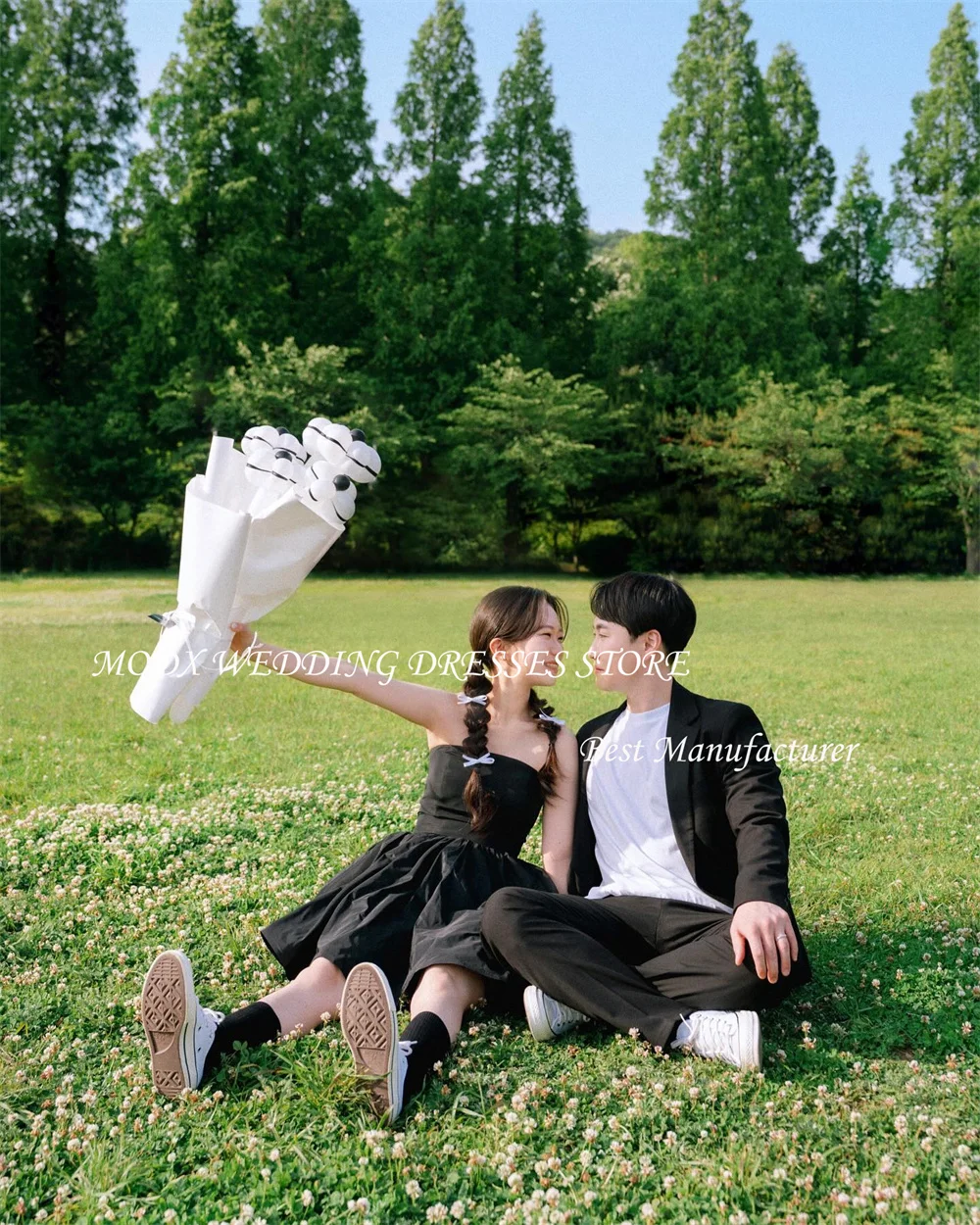 MODX فستان زفاف كوري أسود بسيط لالتقاط الصور بدون حمالات فستان زفاف على شكل حرف A فساتين زفاف صغيرة مصنوعة حسب الطلب على شكل جسر #2