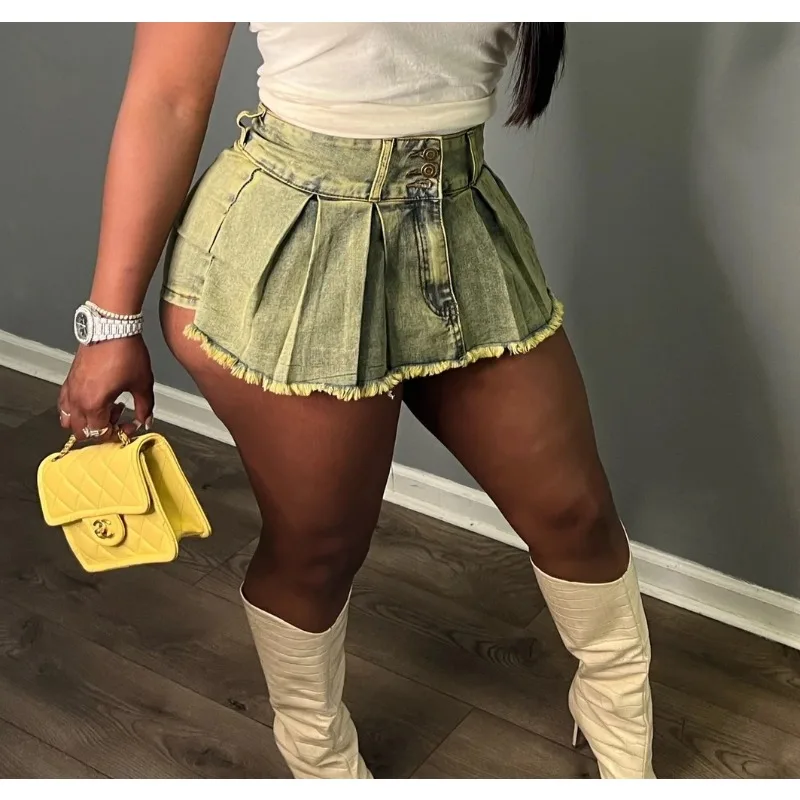 Vintage Pleated Tassel Y2k Denim Culotte Women Summer 2023 Unique High Waist Button Zipper Irregular Shorts Hipster Streetwear